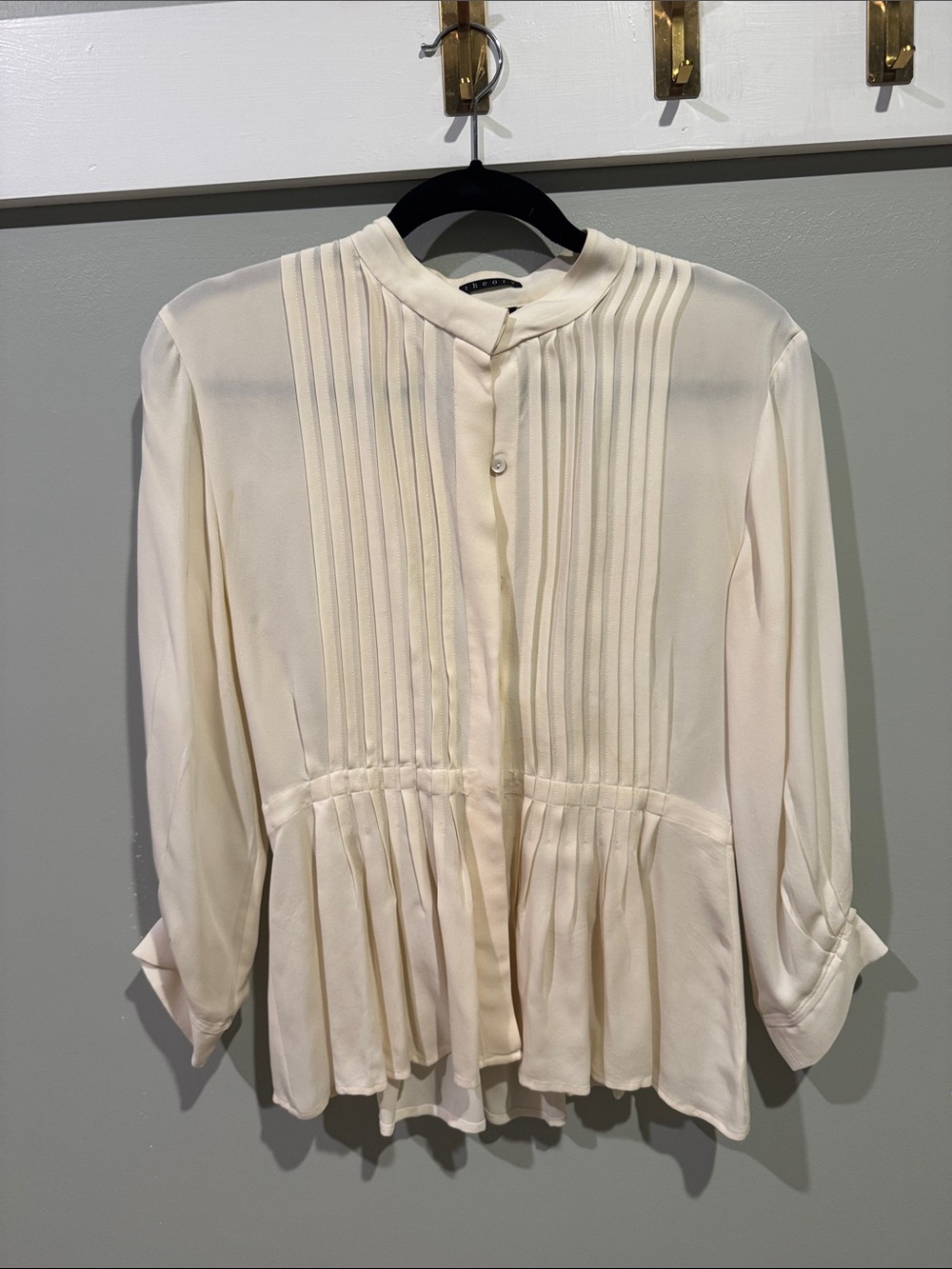 Theory Cream Pleated Front Button-Down Blouse